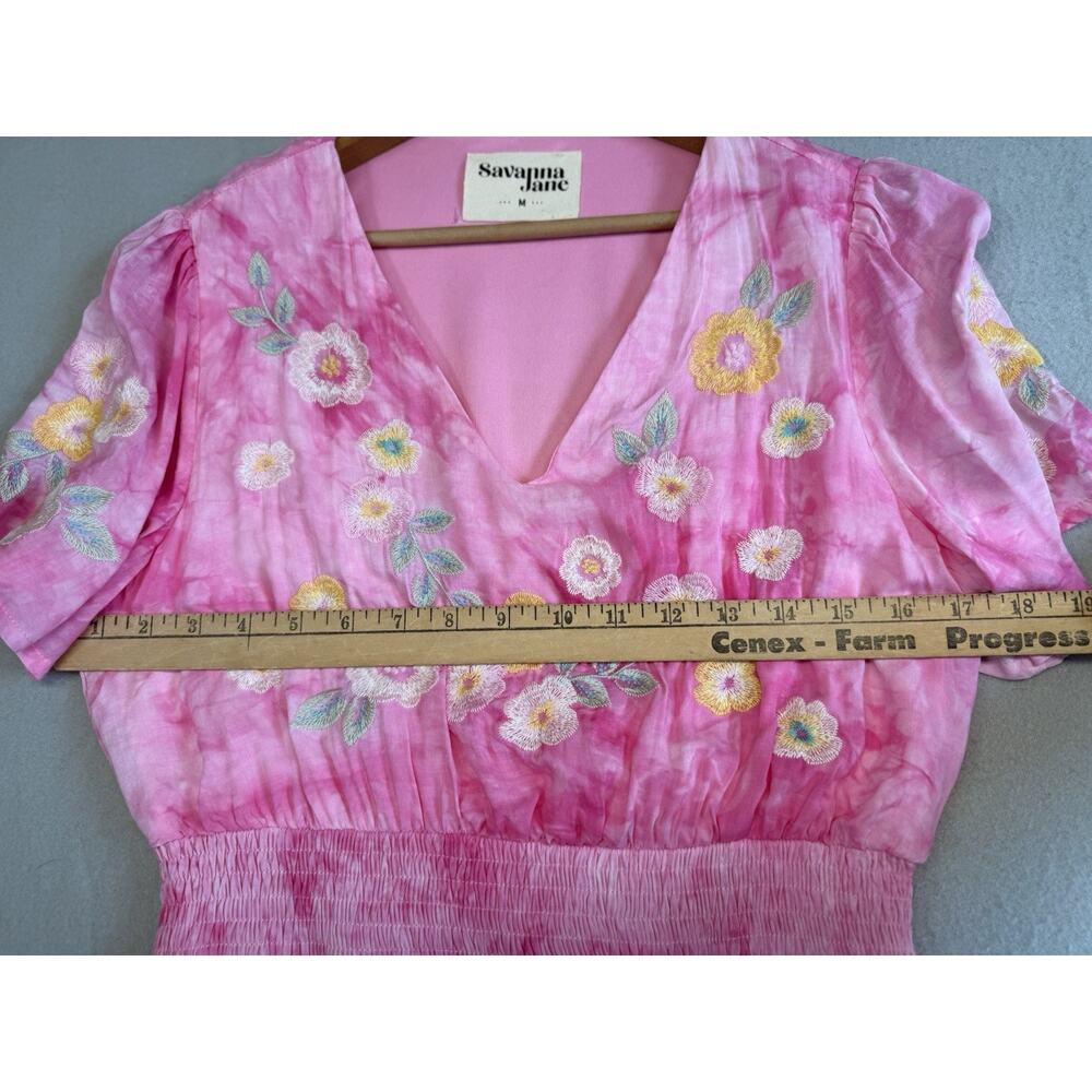 Savanna Jane M Pink Tie Dye Floral Embroidery Maxi Dress Lined V Neck - Picture 6 of 10